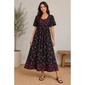 Only Necessities Womens Cottagecore Floral Cotton Maxi Dress Black Pink 14/16 M